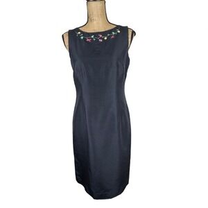 Talbots Black 100% Silk Sheath‎ Dress Sleeveless Floral Applique Size 6 Petite